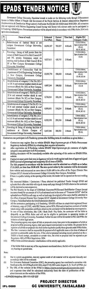 GC University Faisalabad Tender Notice